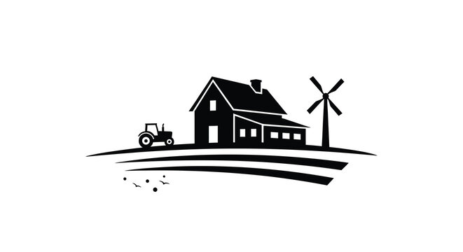 Rural farm scene with house tractor and windmill in dark silhouette