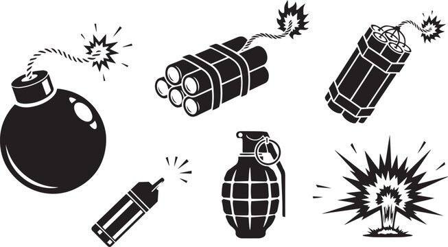Black silhouette of bombs grenades and explosions on white background dynamite blast