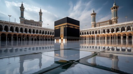 Obraz premium The Kaaba at Masjid al-Haram in Mecca with reflections on the polished courtyard floor under a bright sky