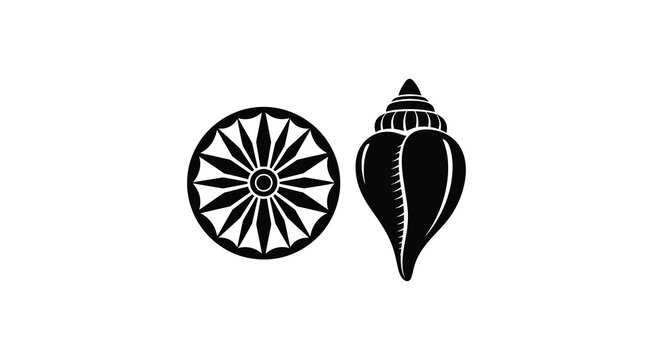 Buddhist symbols of the dharma wheel and conch shell silhouette