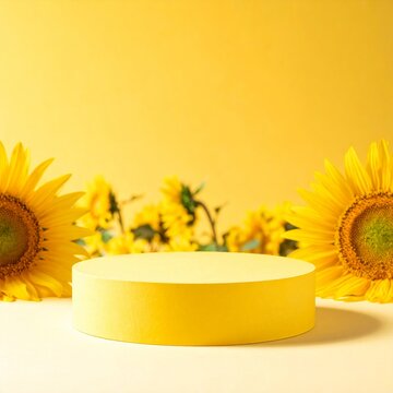 Yellow Cylindrical Podium Display Surrounded by Bright Sunflowers Against a Solid Yellow Background
