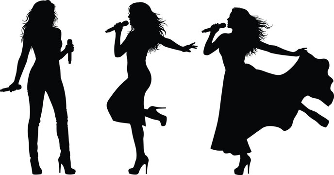 Silhouette illustration of three female singers performing with microphones, expressive stage presence, dynamic concert entertainment, elegant movement and musical performance design