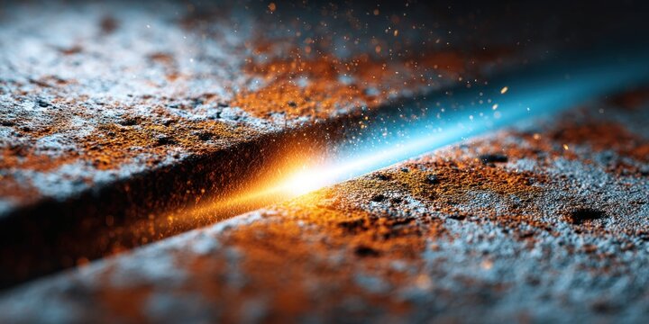 Close-up abstract view of a glowing blue light beam cutting through textured, rusty surface
