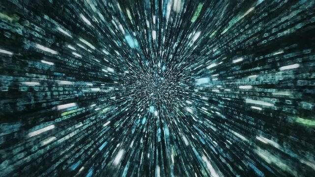 Abstract Digital Tunnel Zoom: Fast Movement Through Futuristic Binary Code and Data Stream