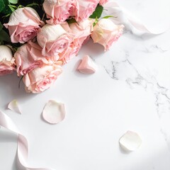 Naklejka premium Soft Pink Roses Bouquet With Water Drops And Silk Ribbon On Marble