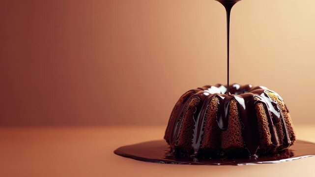 Delicious bundt cake drizzled with rich, smooth chocolate sauce on brown background