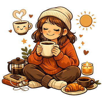 cozy coffee and sunshine vibes, warm coffee aesthetic, sunny morning coffee, cozy lifestyle illustration, soft sunlight glow, relaxing coffee moment, hygge morning vibes, peaceful home atmosphere, cof