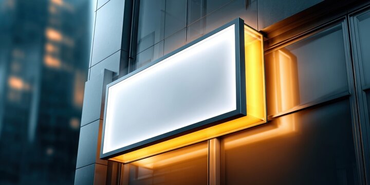 Illuminated blank sign on modern building facade at night with city lights in background