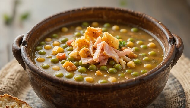 slow-cooked split pea and ham soup, with a few pieces of shredded ham and croutons on top, in an old-fashioned soup bowl. 16:9 ratio.