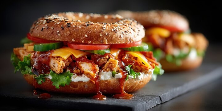 Delicious BBQ chicken bagel sandwich with cheese, lettuce, tomato, and cucumber