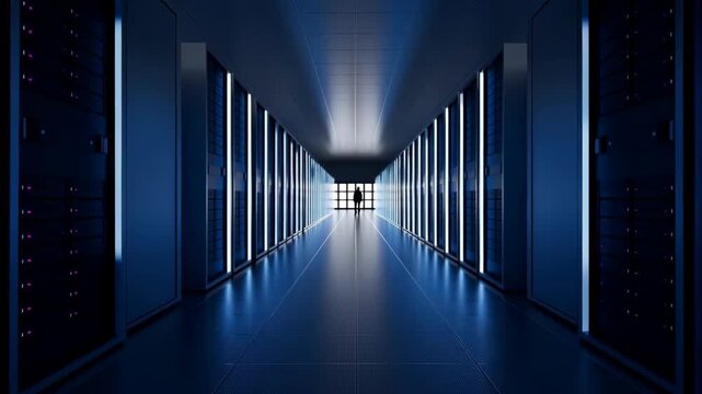 Data center interior with rows of server racks and blue lighting effects featuring technology, computer hardware, industrial with infrastructure and