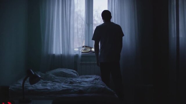 Lonely Man Silhouette Standing by Window with Curtains in Dark Bedroom