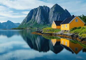 Fototapeta premium Yellow Wooden Houses Reflected in Calm Fjord with Dramatic Mountain Backdrop, Norway