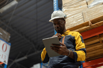 Warehouse worker using tablet to check inventory and manage stock in distribution center,...