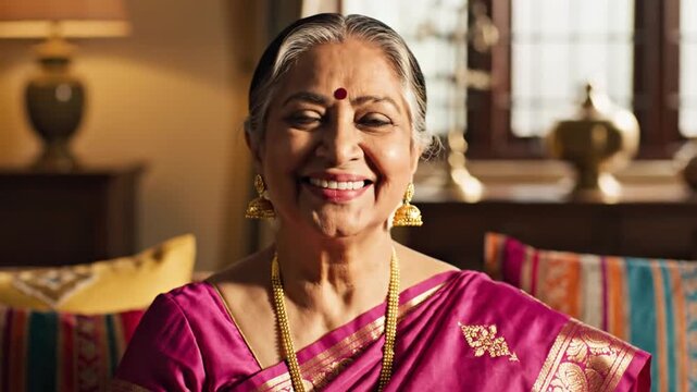 Smiling senior Indian woman in traditional sari at home