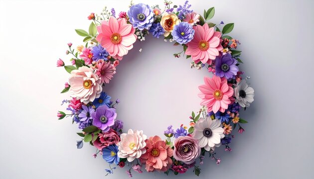 Colorful Floral Wreath with Various Flowers on White Background