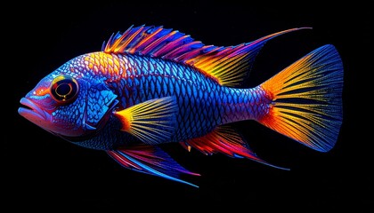 Fototapeta premium Vibrant Blue Fish With Orange and Pink Fins In Dark Water