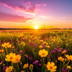 Obraz premium Vibrant Wildflower Meadow At Sunset With Golden Yellow And Purple Blooms Dramatic Sky