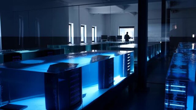Server racks fully submerged in large water pool with blue illumination in dark room with computer screens on wall