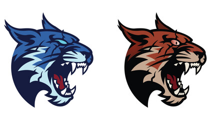 Obraz premium Wildcat Cougar Mascot Logo Set - Blue and Brown Aggressive Big Cat Head Sports Team Logos