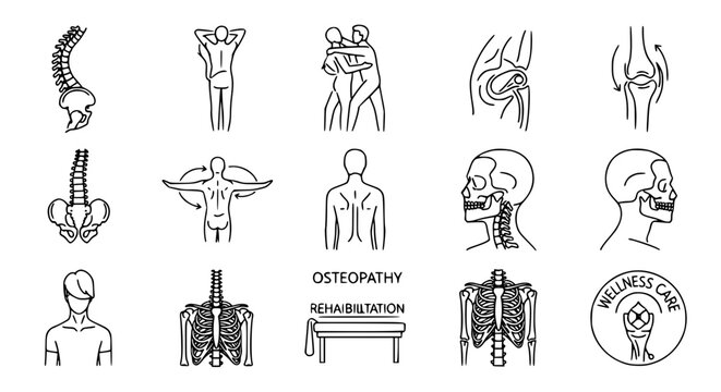 Detailed osteopathy outline icon set with spine therapy, joint adjustment, and rehabilitation illustrations