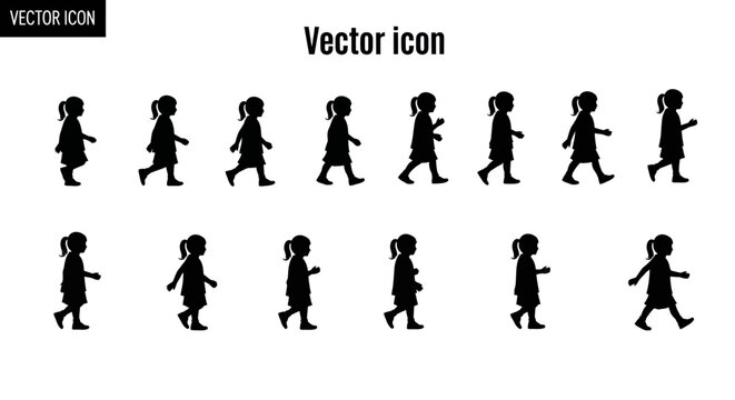 Child Walking Sequence Silhouette, Vector Icon Collection