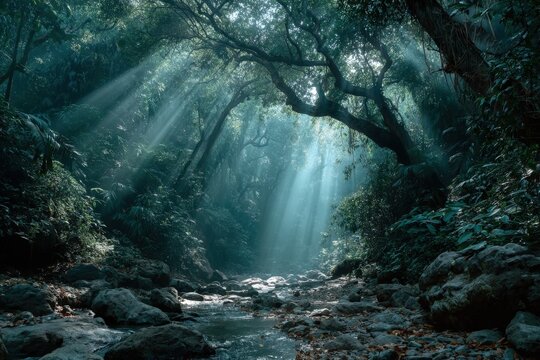 Sunbeams stream through dense tropical forest canopy onto a rocky creek, creating a serene, mystical jungle landscape.
