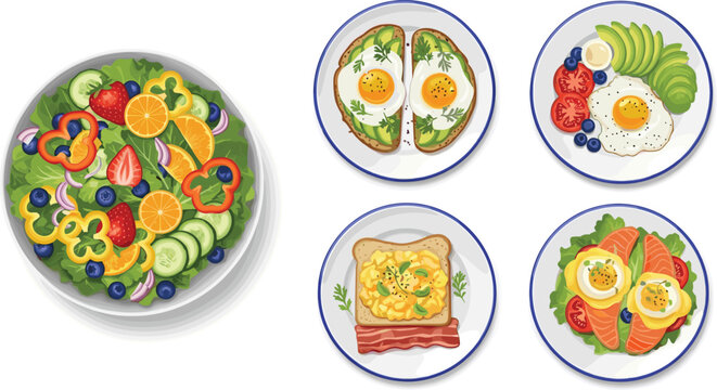 Flat vector lay illustration of healthy breakfast and brunch plates featuring avocado toast with eggs, fruit salad, scrambled eggs with bacon, and smoked salmon.