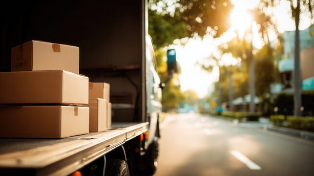 Cardboard boxes stacked in the back of a delivery truck on a sunny day