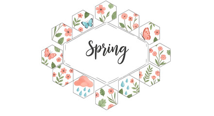 Obraz premium Spring floral hexagonal frame with butterflies and raindrops on white background