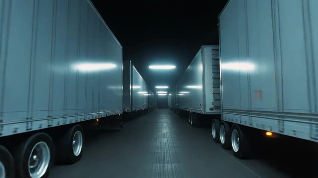 Long trailers resting in a dimly lit warehouse, highlighting the logistical infrastructure and global supply chain operations distributing goods and freight