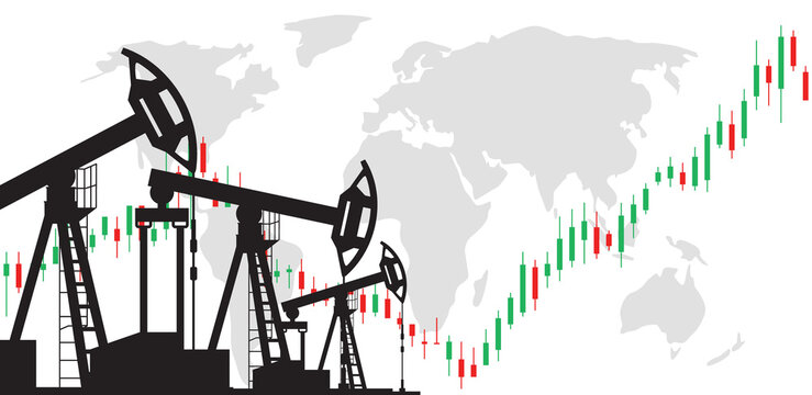 Silhouettes of oil pumpjacks against world map with rising candlestick chart, dark teal background. Concept of oil market growth and global energy trading. Illustration on a transparent background