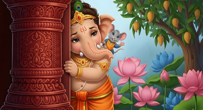 Adorable bashful Lord Ganesha deity concealing himself behind flowers with small mouse companion, whimsical digital painting artwork featuring vibrant colors and mystical spiritual aura.