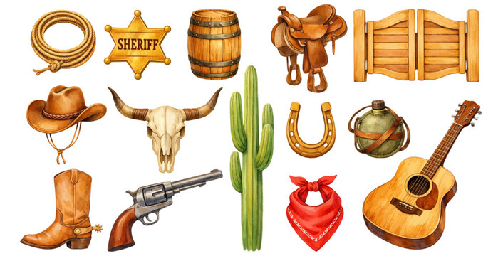 Watercolor western cowboy collection illustration, rustic ranch elements with saddle boots hat cactus and sheriff badge isolated on white background.