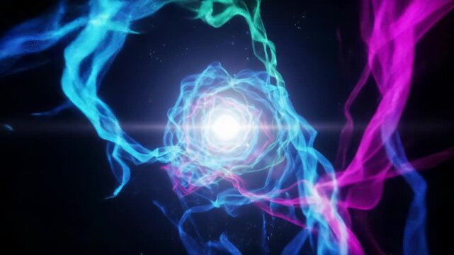 Abstract vortex: swirling electric blue, magenta, emerald lines, fractal patterns, spiraling to glowing white core in hyperspace. Hypnotic concept