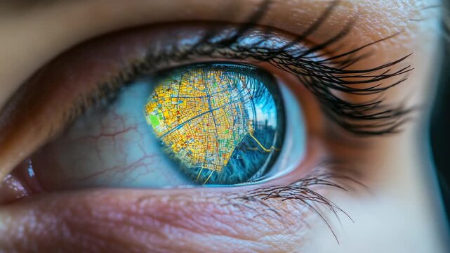 Close-up of eye reflecting detailed map with streets and colorful details