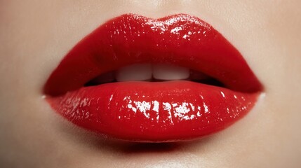 Obraz premium Close-up of glossy red lips with perfect white teeth showing slightly