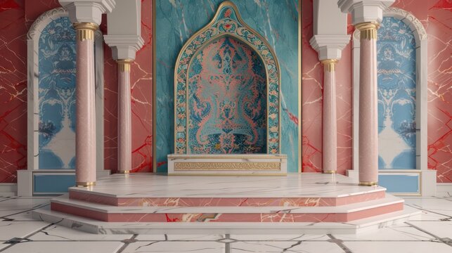 Ornate interior with marble floor, columns, and intricate blue and gold wall art centerpiece