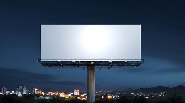 Blank billboard at night with city skyline lights under a dramatic blue sky, ready for advertisement display and commercial promotion