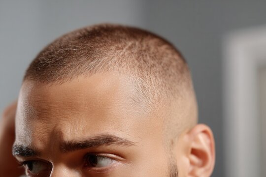Man with short hair having a buzz cut in a close-up indoor view