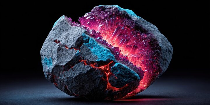 Close-up of a rough geode with glowing pink crystals and blue and red light accents