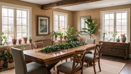 Fototapeta premium Bright Cozy Dining Room with Large Windows and Indoor Plants in Natural Light