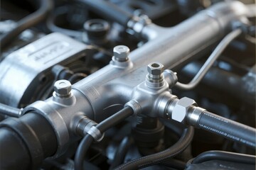 Fototapeta premium Close-up view of a vehicle engine component with metallic pipes, hoses, and fittings