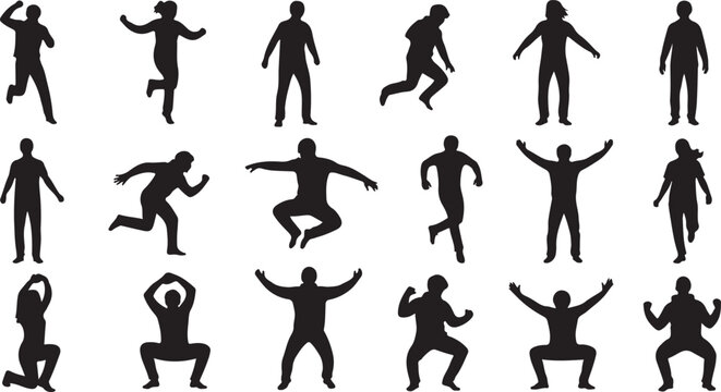 Collection of human silhouettes in various dynamic poses and movements