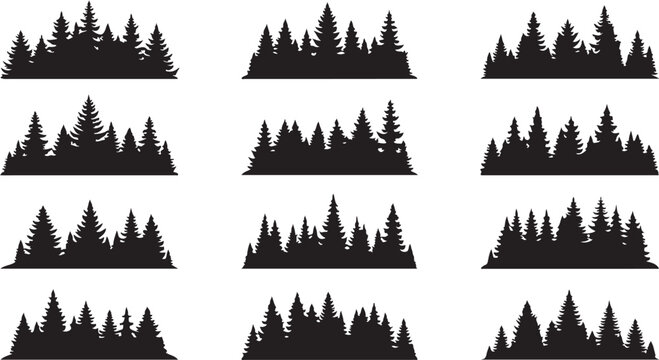 Collection of pine tree silhouettes in various shapes and sizes for design and decoration