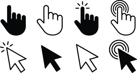 Fototapeta premium A set of vector line art icons featuring hands and computer mouse cursors in a modern design concept for user interface and user experience applications.