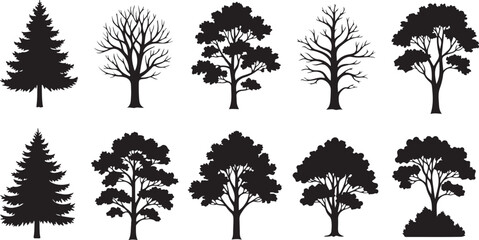 Fototapeta premium Collection of tree silhouettes in various shapes and sizes for icon and line icon use