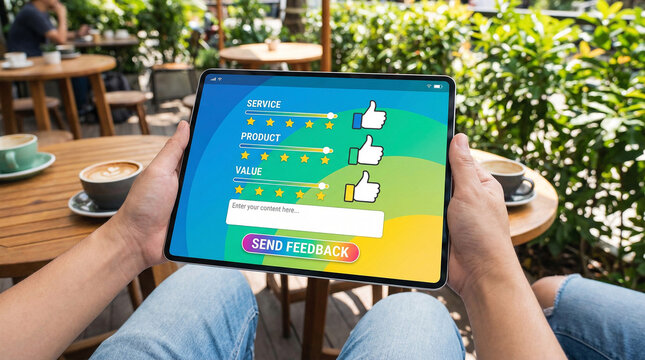 Person holding tablet with online customer feedback survey form in outdoor cafe. Online Survey, User Experience, Client Satisfaction, customer feedback