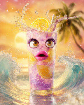 Surreal Summer Cocktail Character with Human Eyes and Pink Lips Splashing in Ocean Waves, Creative Anthropomorphic Tropical Drink Illustration at Sunset with Palm Trees and Golden Beach Lighting