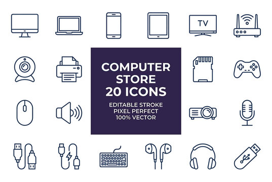 computer store icons set with various devices and gadgets  vector graphics